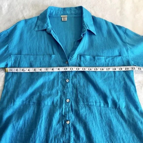 Magaschoni Turquoise Blue Button Up Shirt 100% Linen Boxy Women’s XS - Picture 7 of 9